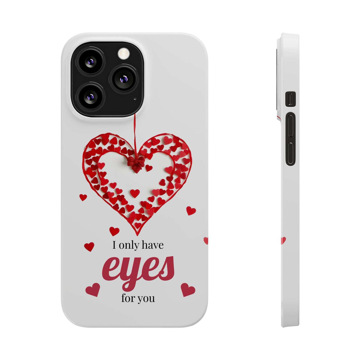 White phone case front and side view with red heart graphic and hearts pattern