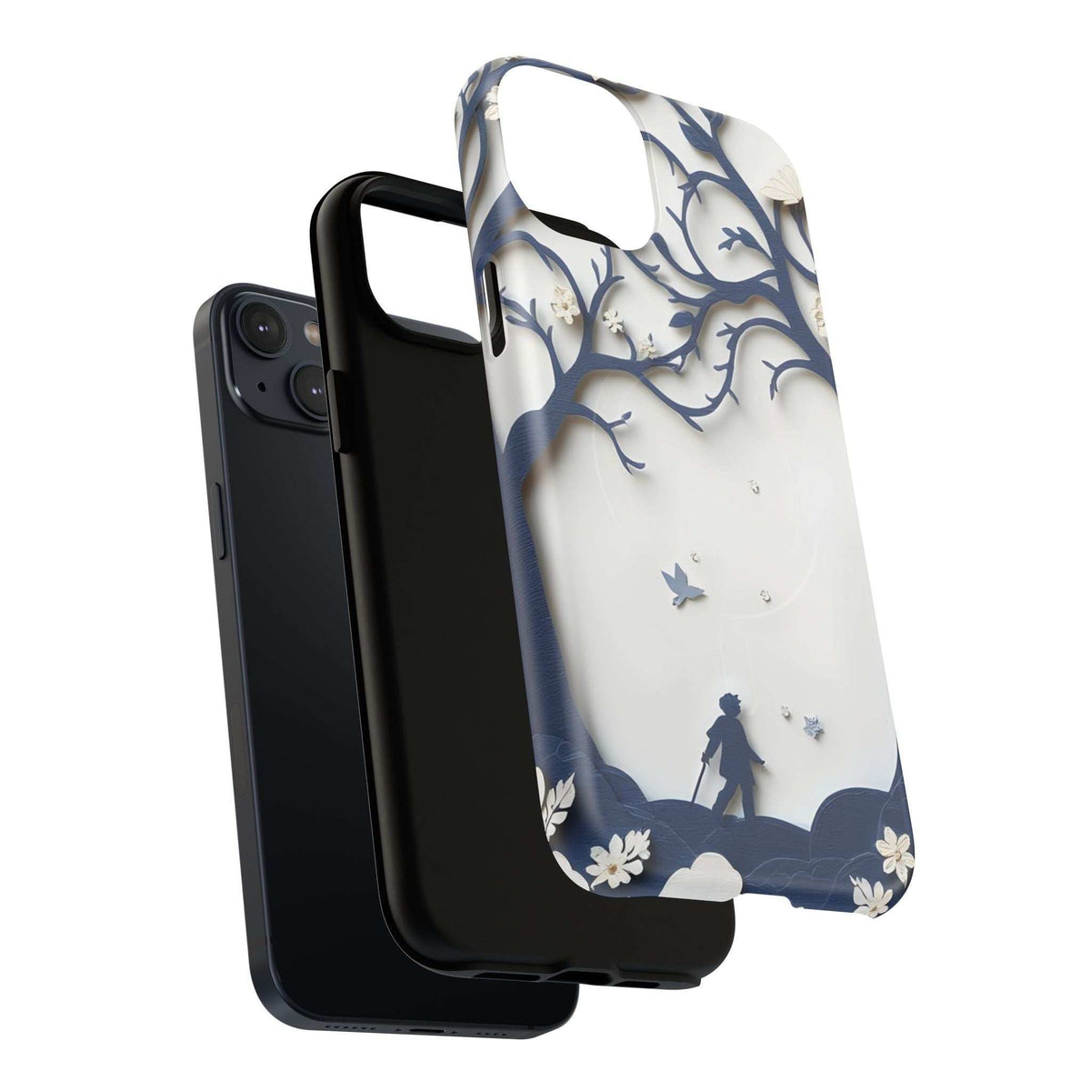 Phone case with light base and blue nature branches, flowers, and sky
