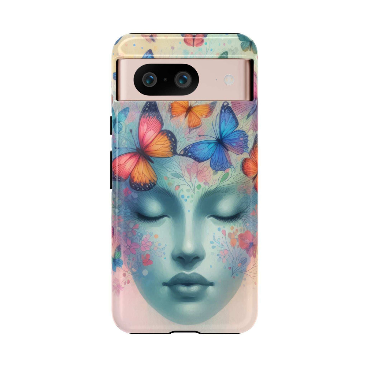 Butterfly face phone case with camera bar cutout, pastel blue face and multicolor butterflies