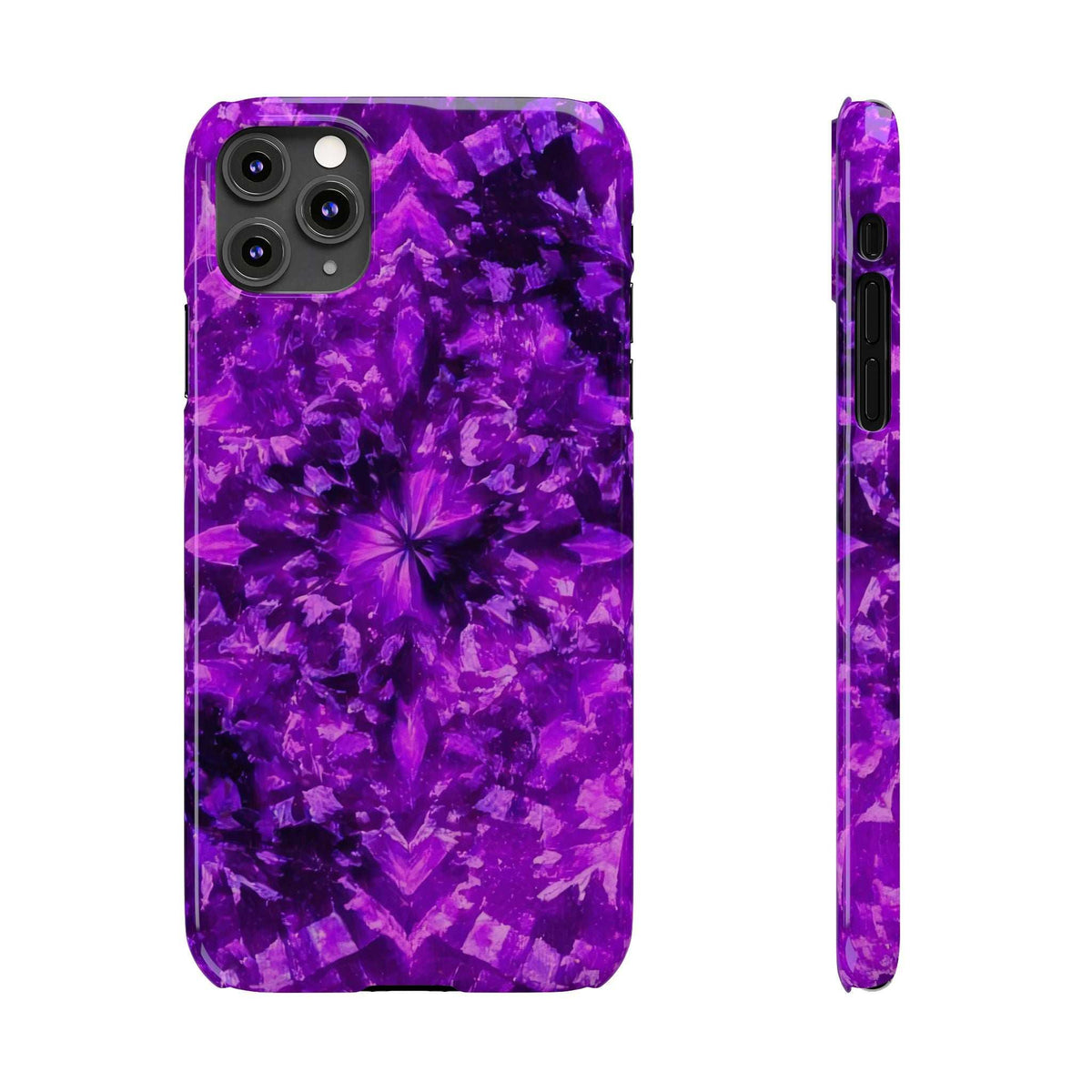Purple kaleidoscope phone case front with starburst floral graphic; side profile