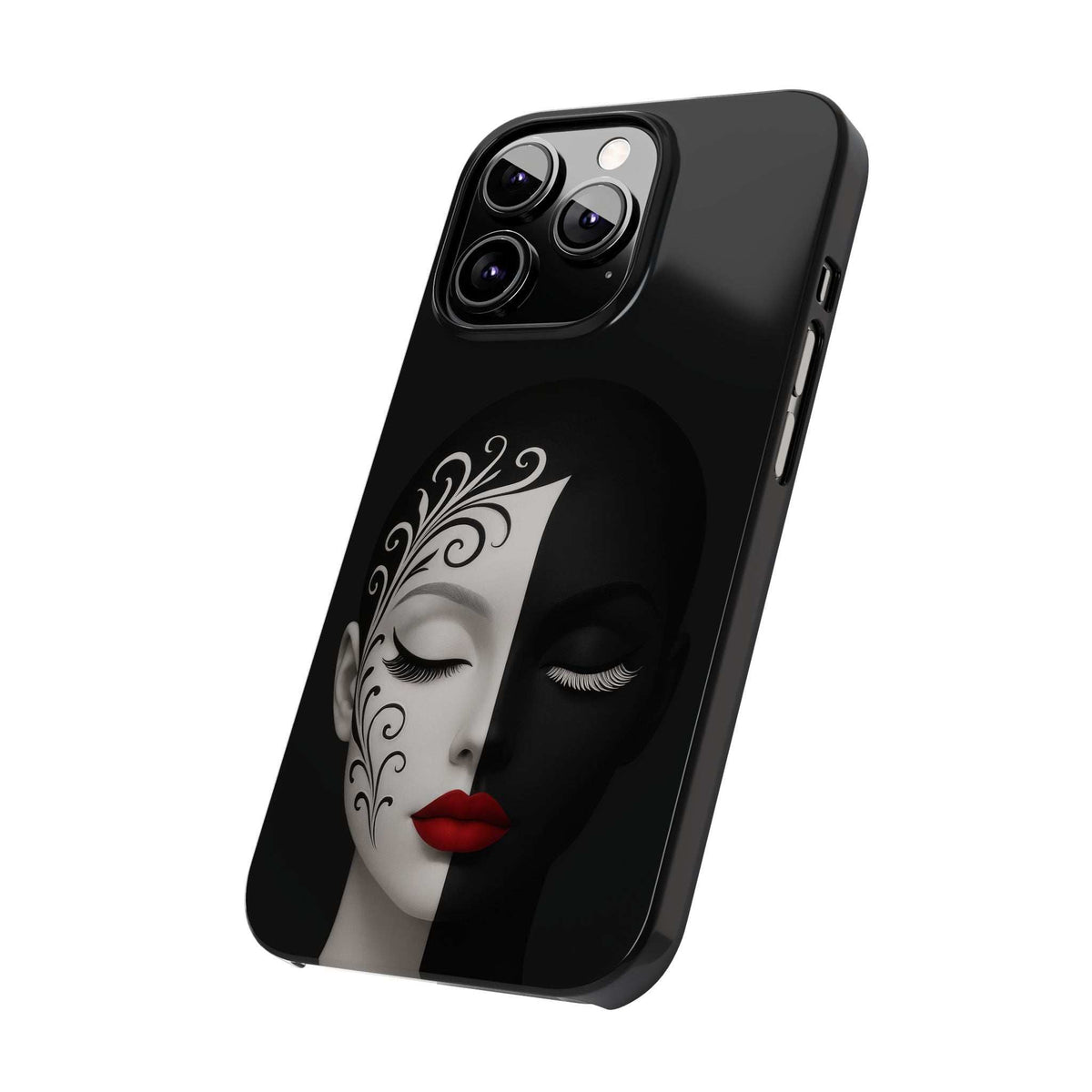 Black iPhone phone case with angled split-face art, red lips, and camera cutouts.