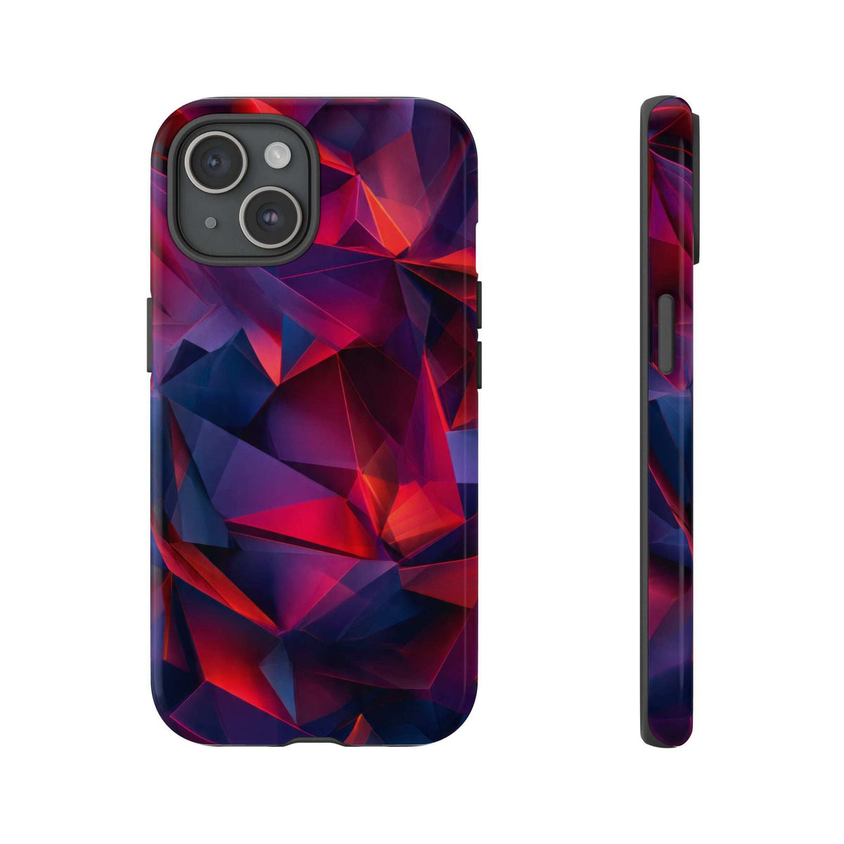 Glossy phone case with faceted red-blue prism design; side profile and button openings
