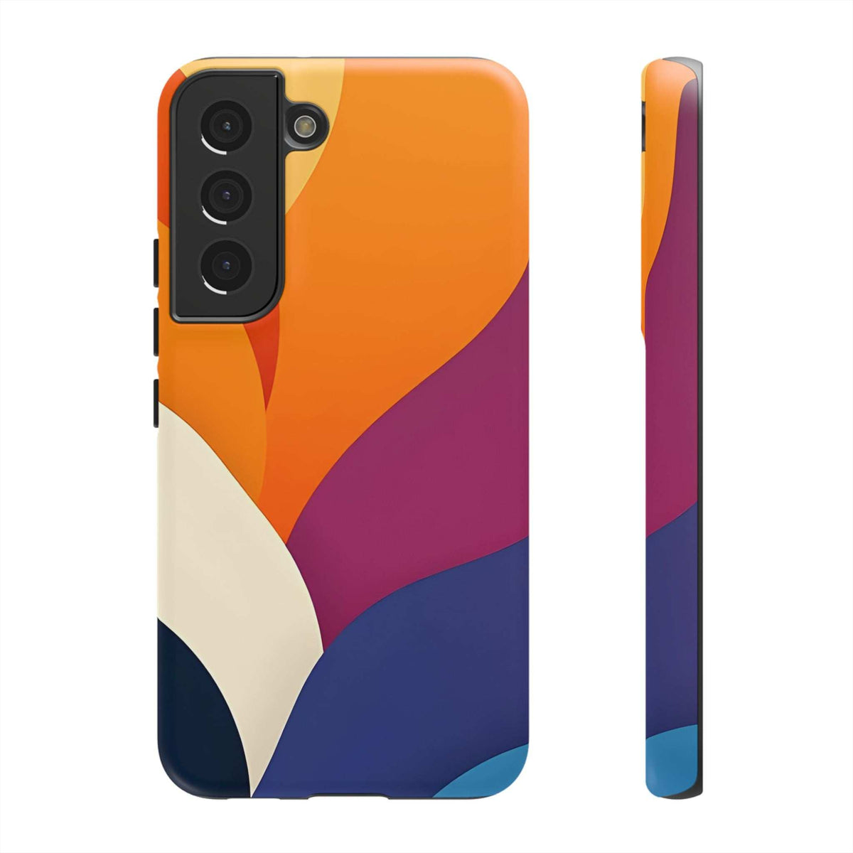 Phone case with abstract orange, purple, and navy wave shapes; triple-camera cutout.