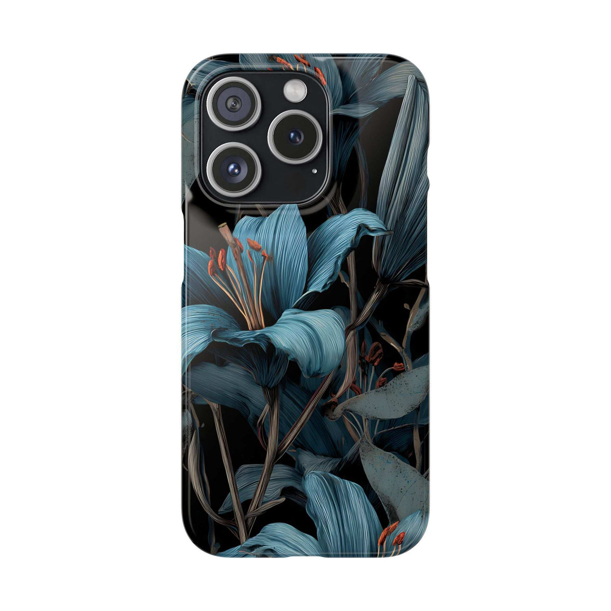 Blue and teal floral phone case with triple-camera cutout and camera ring details