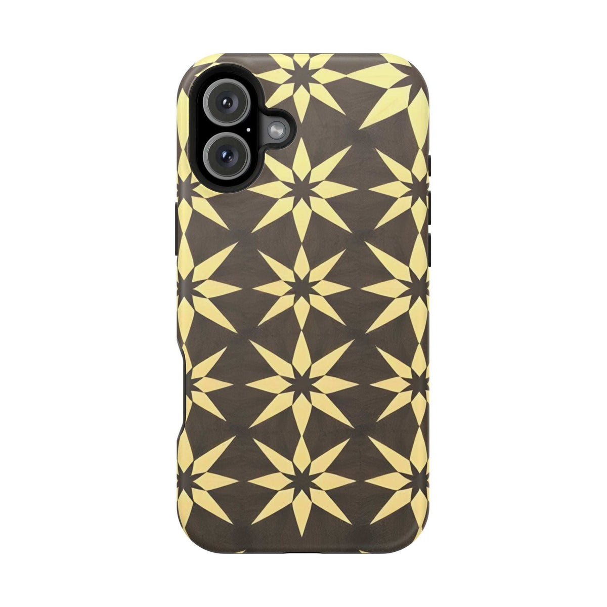 Phone case back with gold star geometric pattern on black and camera openings
