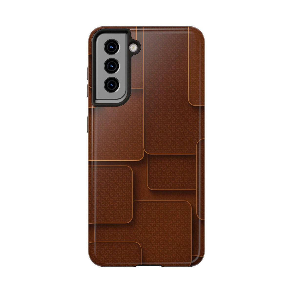 Textured brown phone case with embossed patch texture and camera module cutout