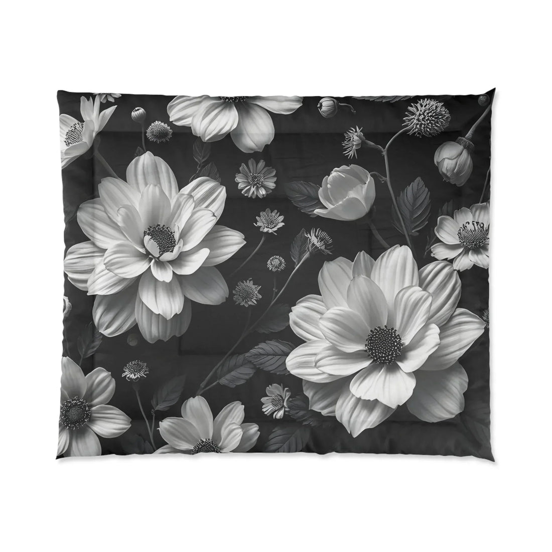 Dark Floral Comforter – Gray and White Flowers on Black - KarArmDesign