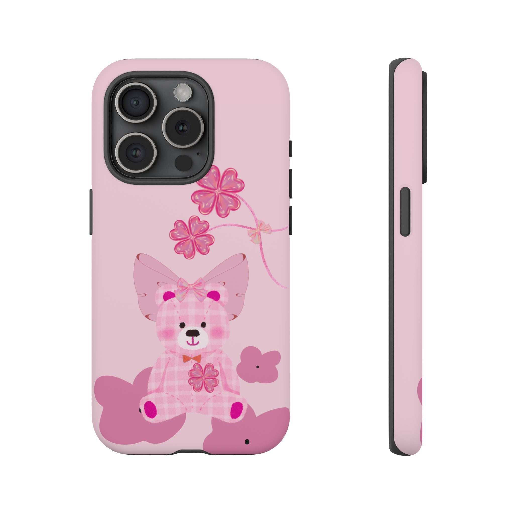 Pink phone case with teddy bear and pink flowers; camera cutout and side profile.