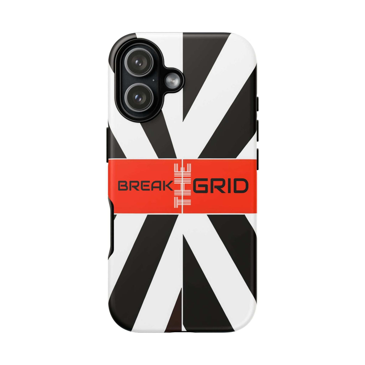 Phone case with black-and-white stripes and orange center band, cutouts for cameras