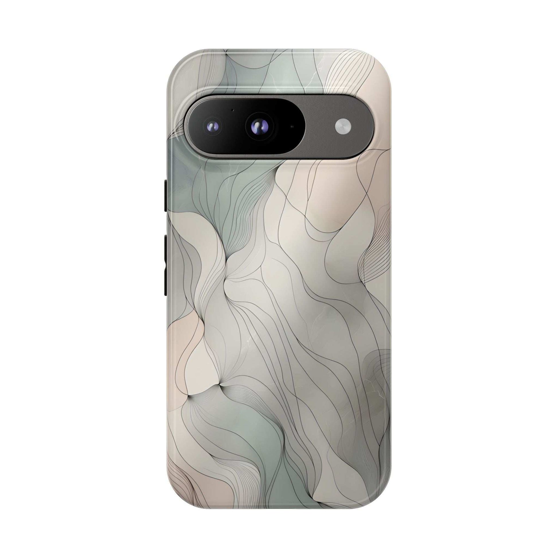 Pastel wave phone case close-up with beige and blue-gray swirls, slim horizontal camera bar