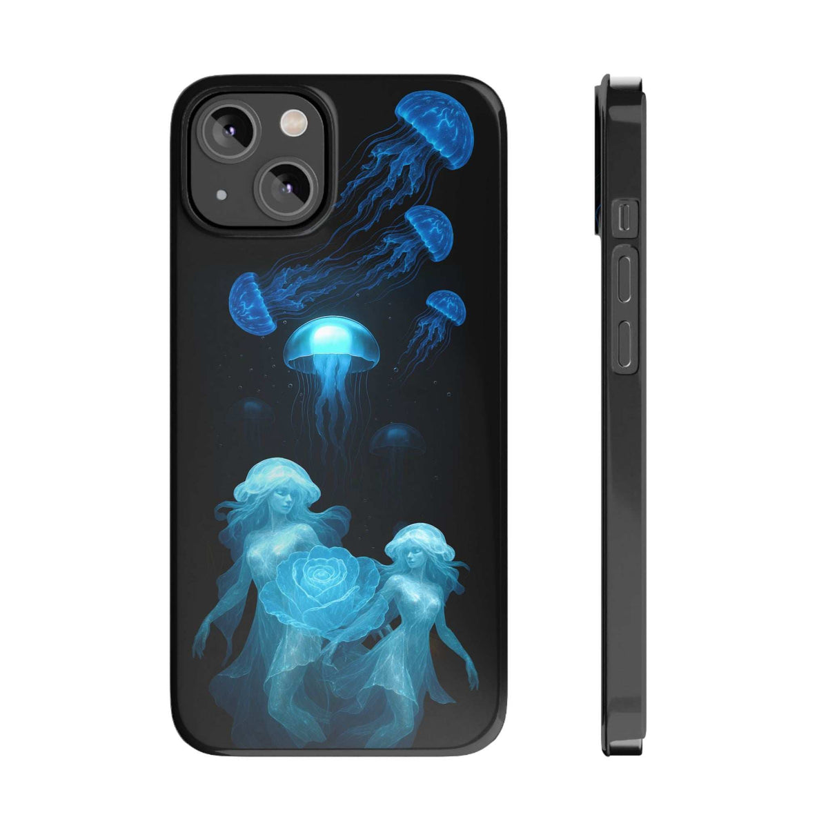 Phone case with blue jellyfish design, plus side view with button cutouts