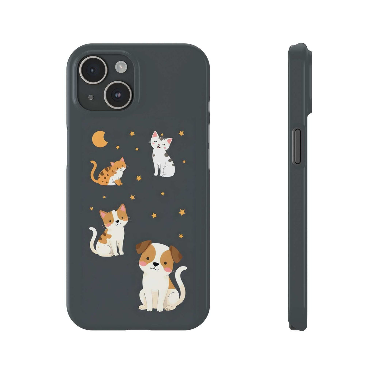 Dark gray iPhone case with cat and dog graphic, stars and moon, rear camera cutouts