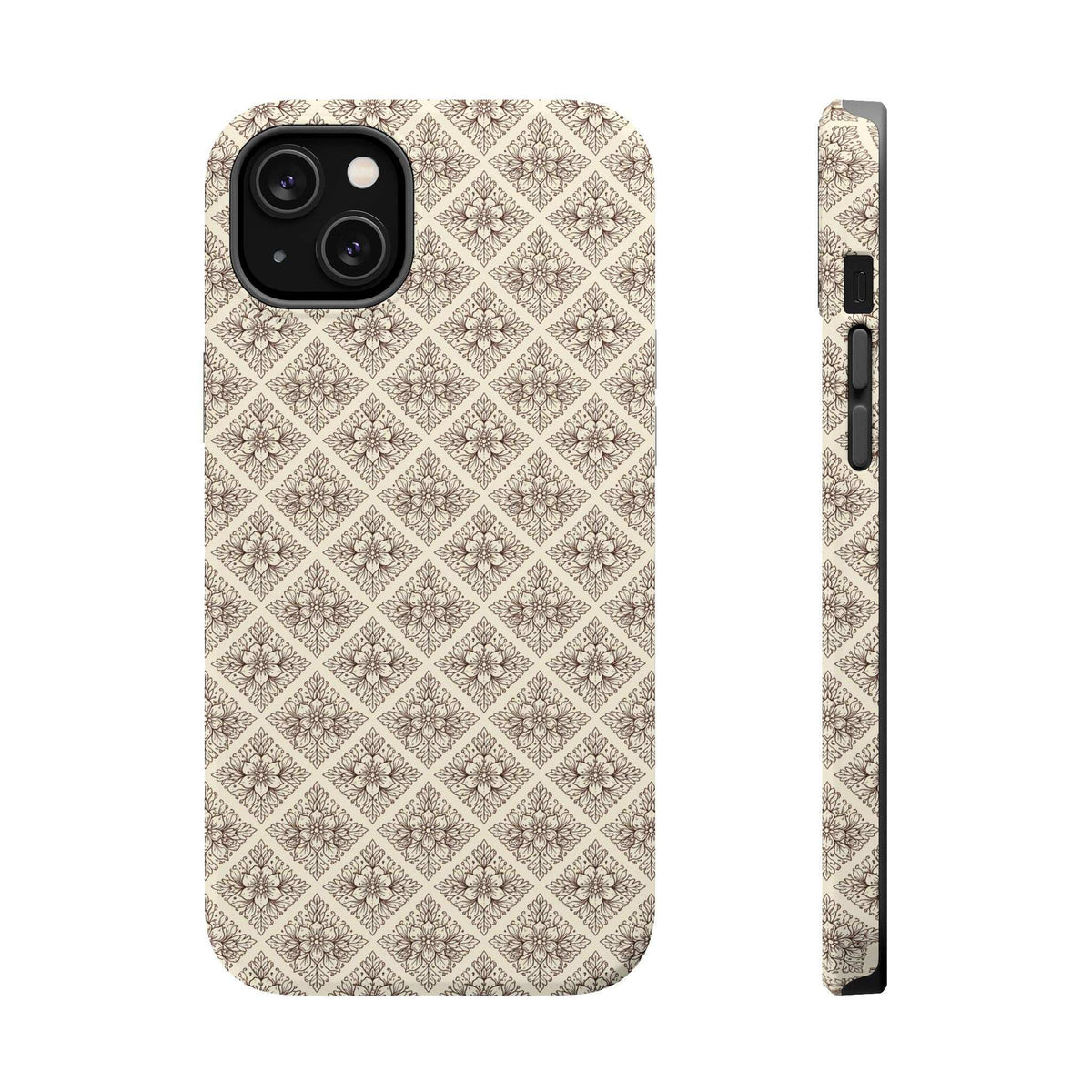 Beige ornate patterned phone case front view with camera cutout and side port openings