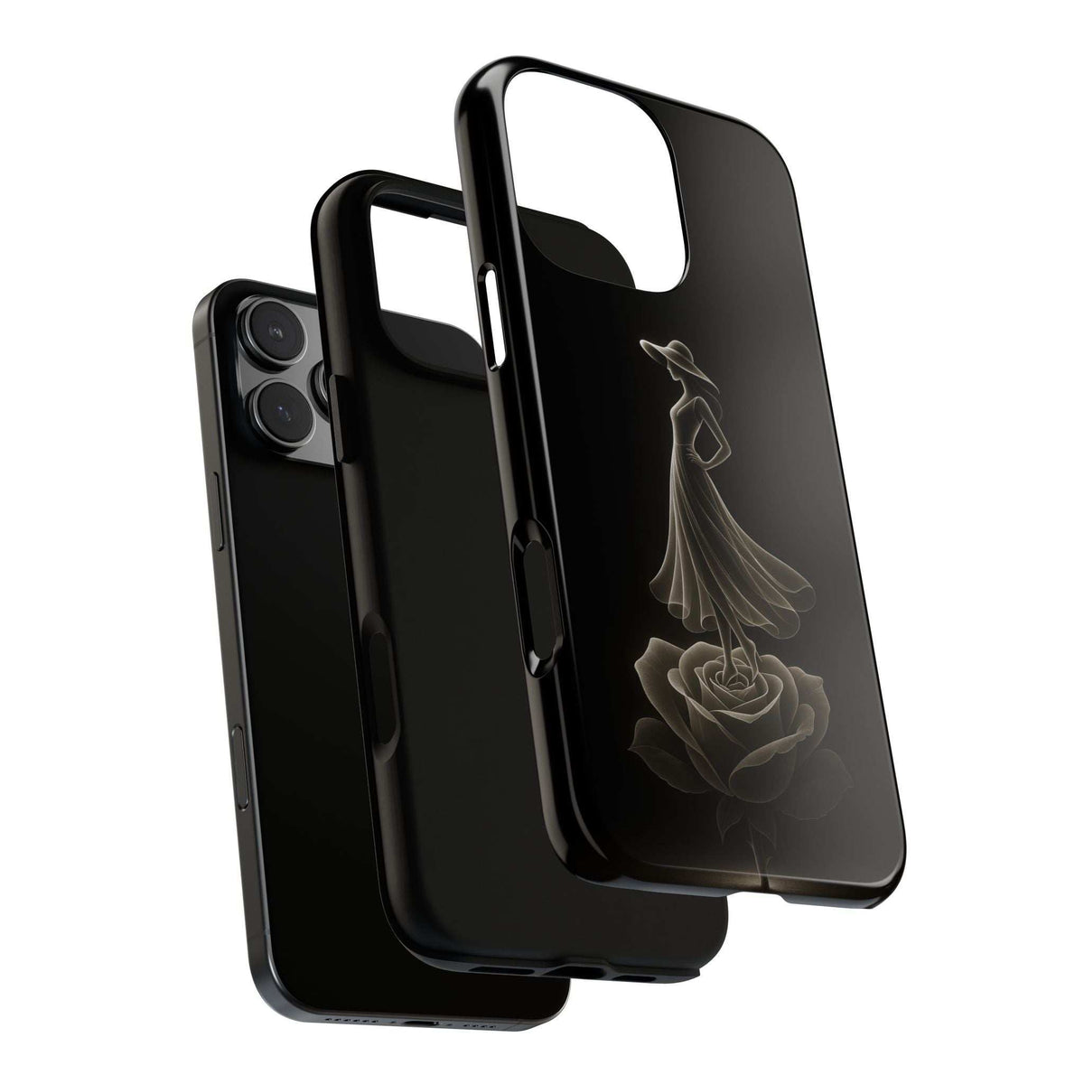 Glossy black phone case with ballet dancer and rose design, side profile view.