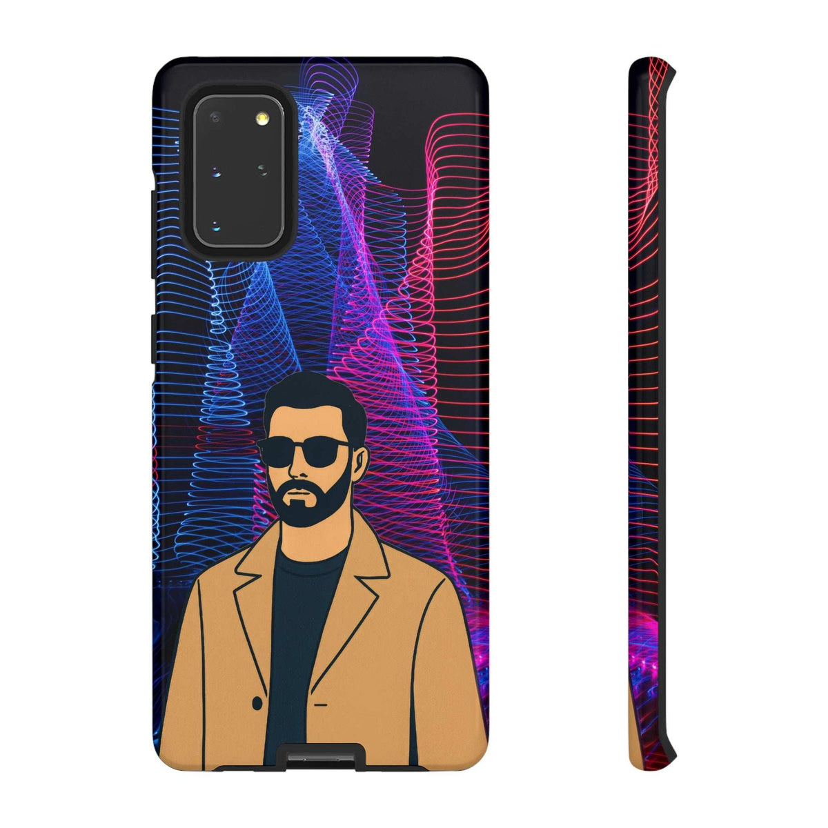 Glossy phone case featuring bearded man portrait with neon blue/pink wave patterns