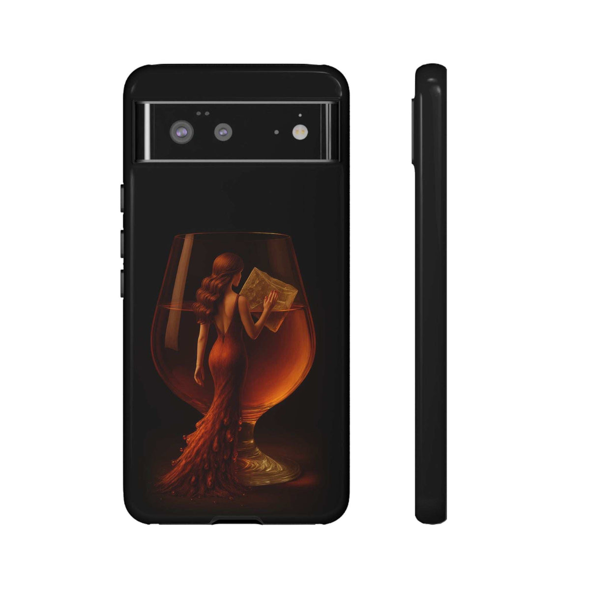 Glossy black phone case with figure and goblet graphic; top edge and side view