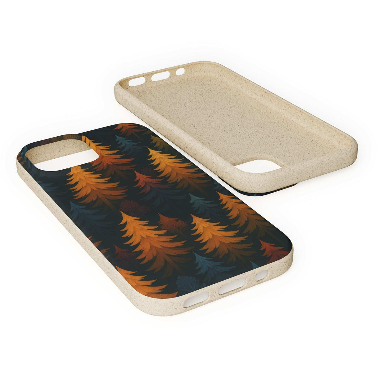 Biodegradable phone case front with pine tree pattern; beige back with cutout opening