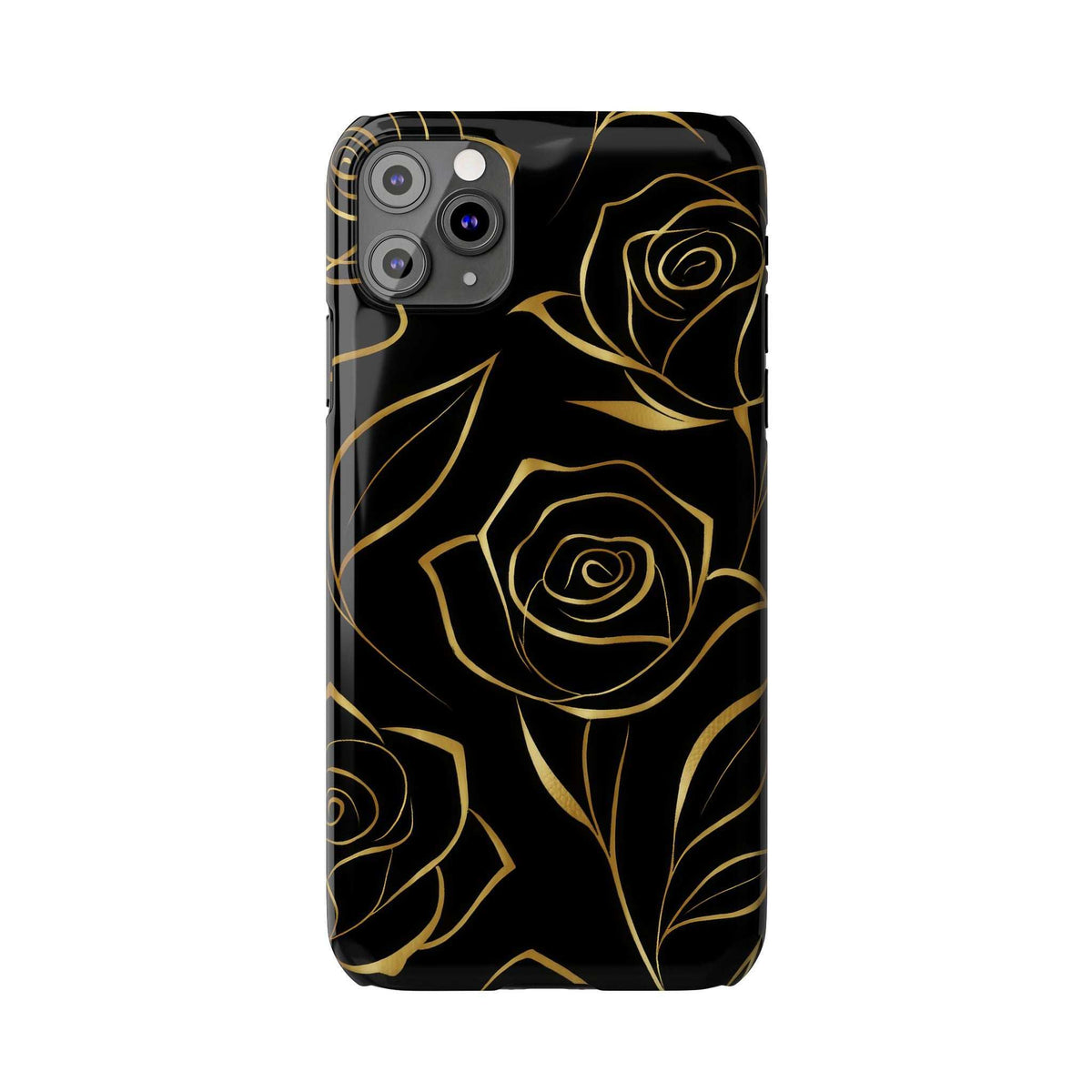 Black phone case with gold rose line art and prominent camera module cutout