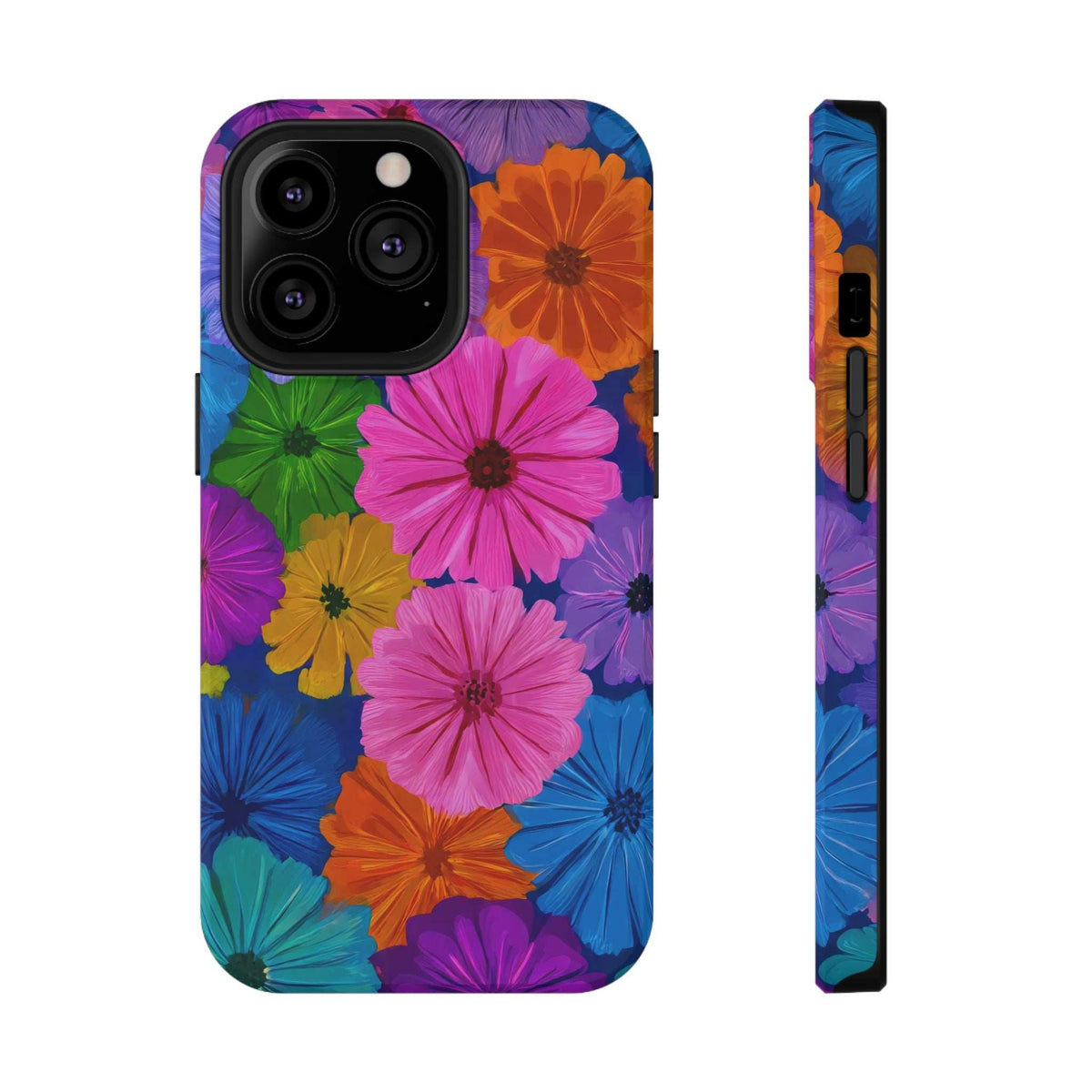 Floral phone case with multicolor blossoms and side view showing camera-safe button cutouts