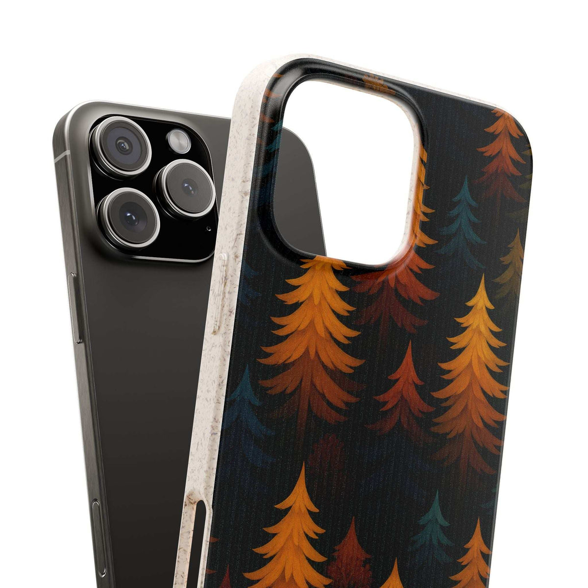 Biodegradable phone case with colorful tree silhouettes and raised camera cutout