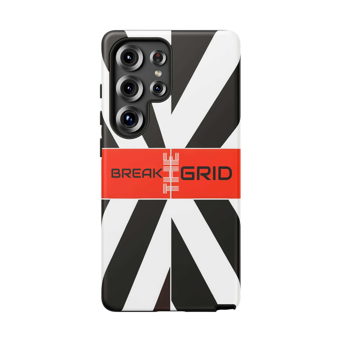 Phone case with black-and-white geometric stripes and orange center band, slim fit