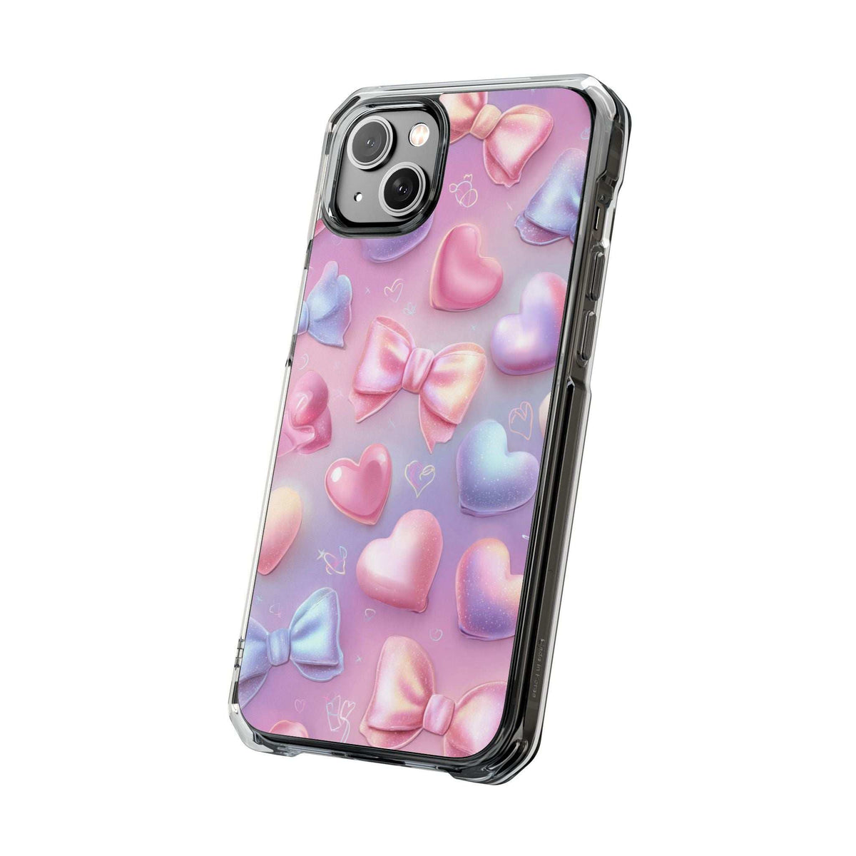 Slim phone case with pastel hearts and bows, clear bumper, corner protection