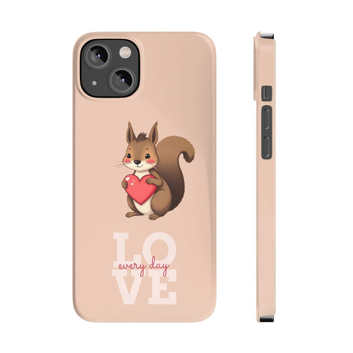 Light pink phone case with cartoon squirrel holding a red heart and LOVE graphic