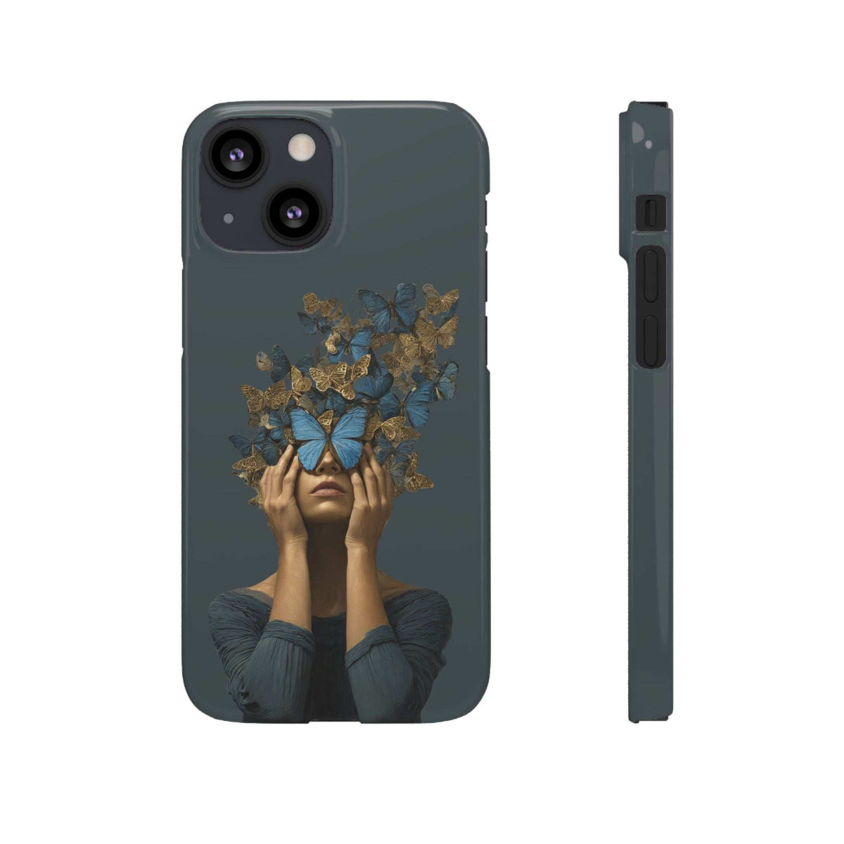 Dark gray phone case with butterfly woman artwork and side button cutout