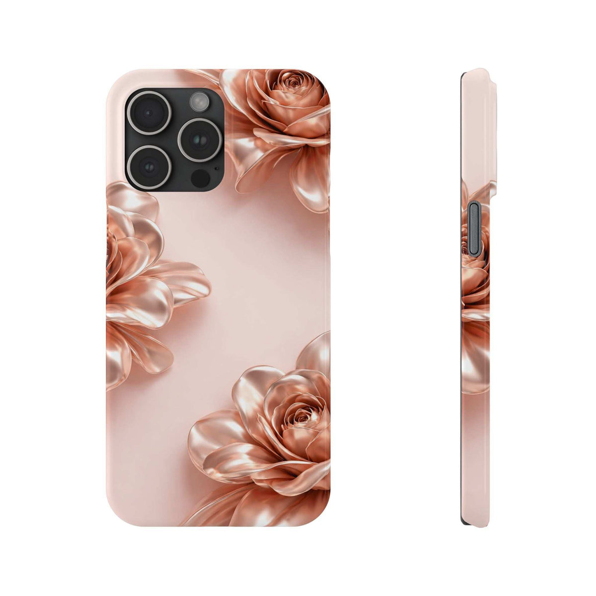 Blush pink phone case with metallic rose-flower design, front and side profile