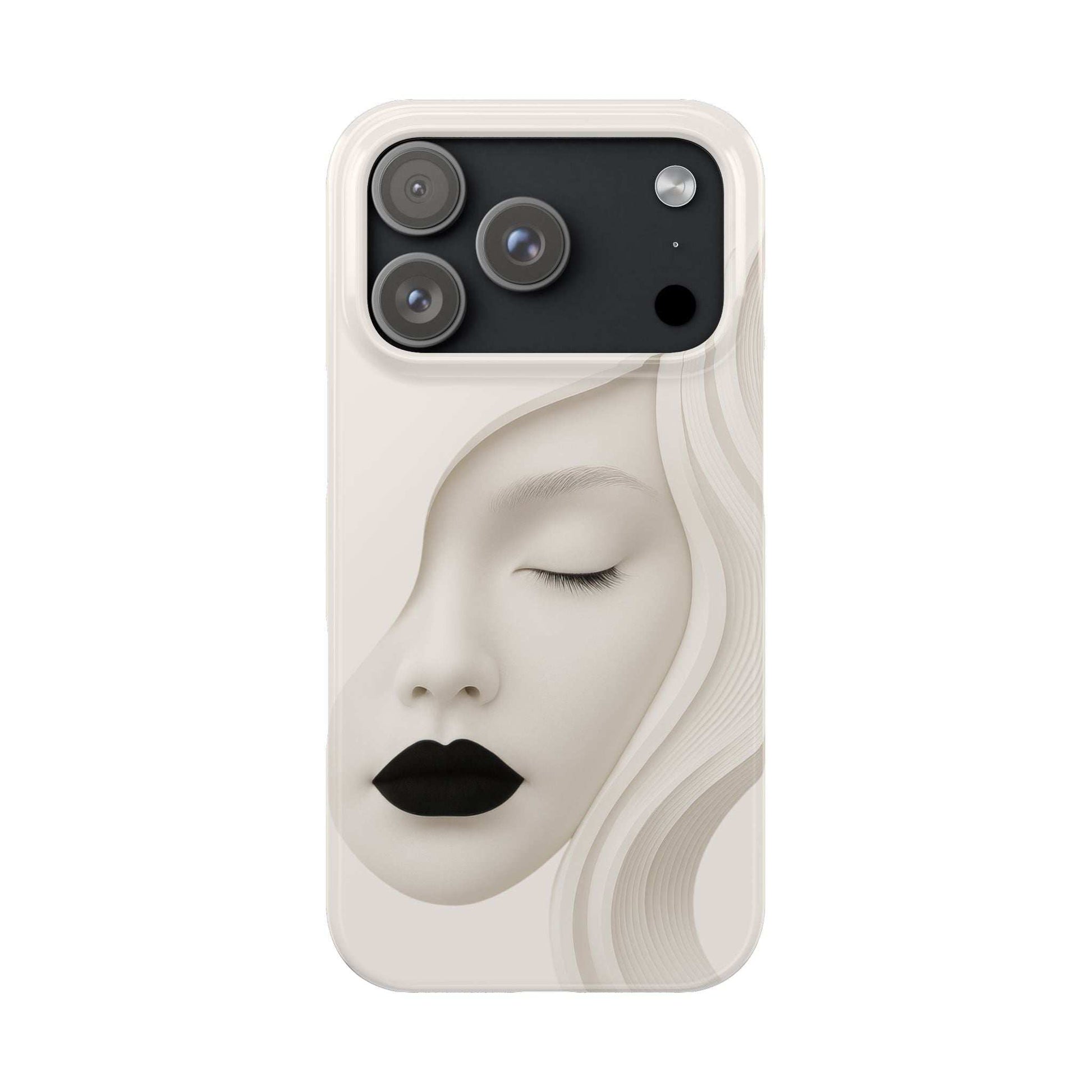 Minimalist face phone case for iPhone 11–17, beige with black lips and closed eyes.