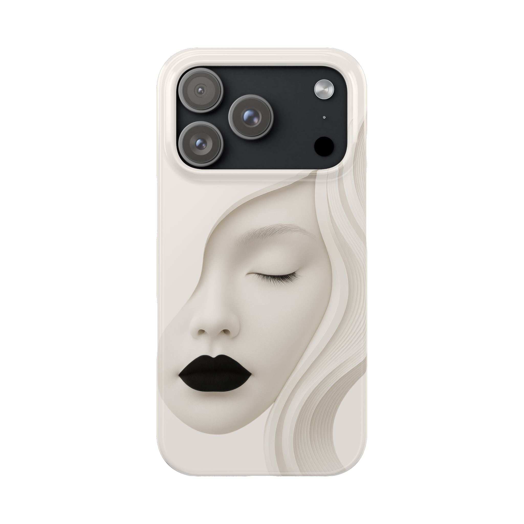 Minimalist face phone case for iPhone 11–17, beige with black lips and closed eyes.
