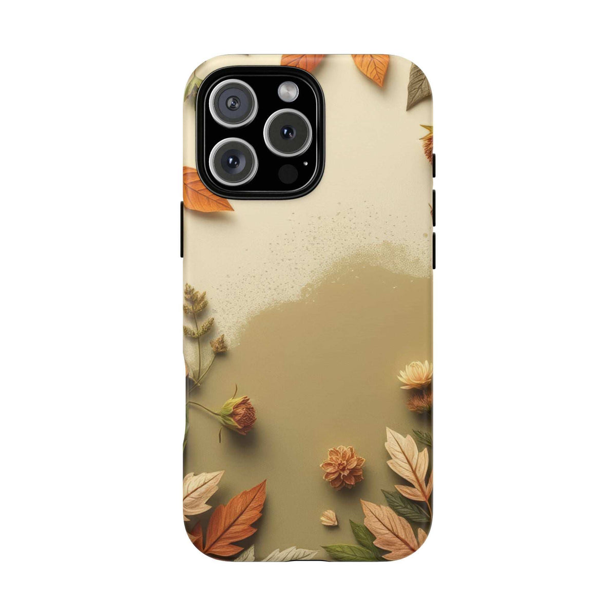 Phone case with beige autumn leaf and bloom design; black camera module with four lenses