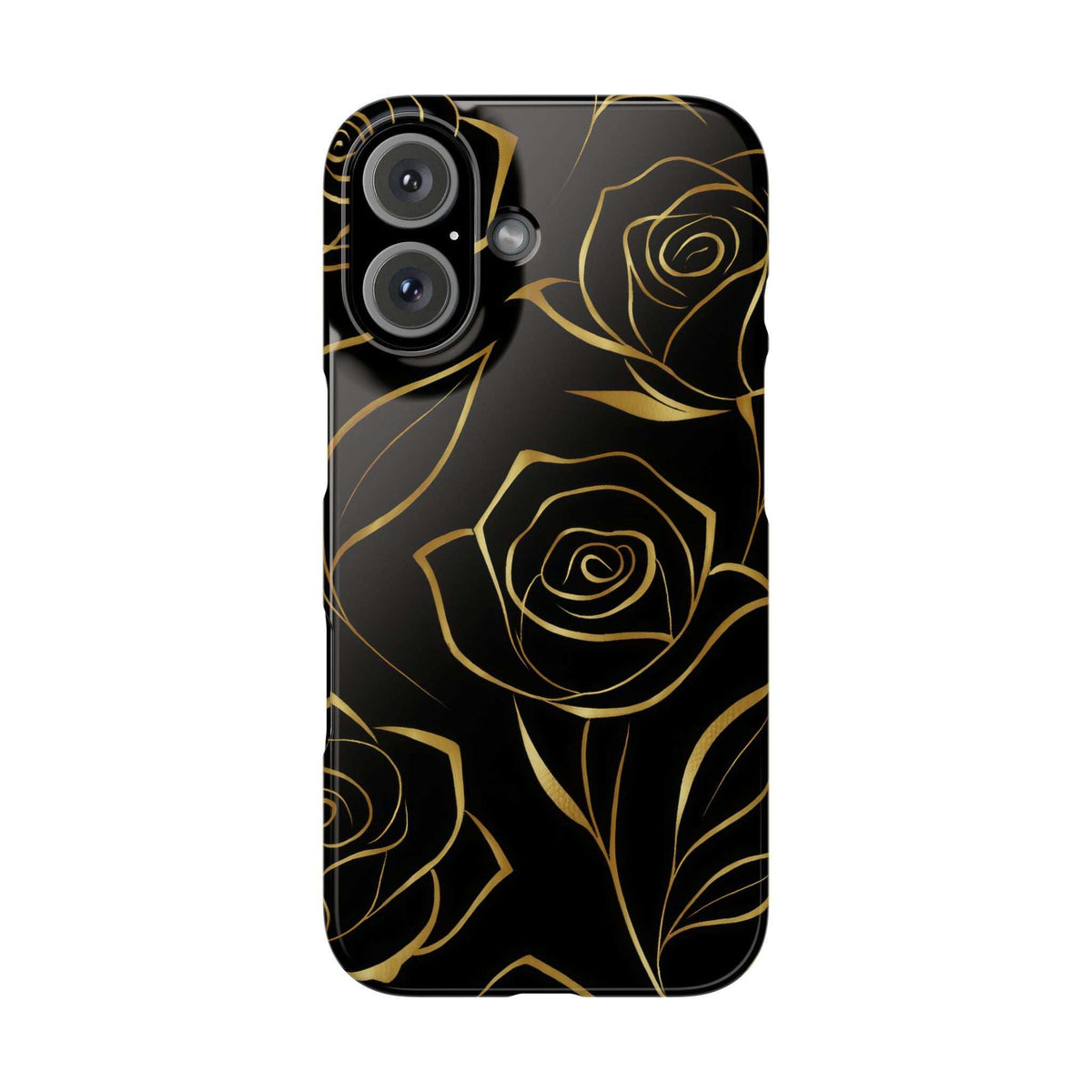 Black phone case with gold rose line art, close-up of top-left camera area.