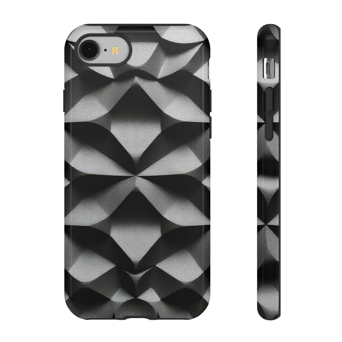 Tough phone case with black base and silver geometric pattern, raised camera cutouts.