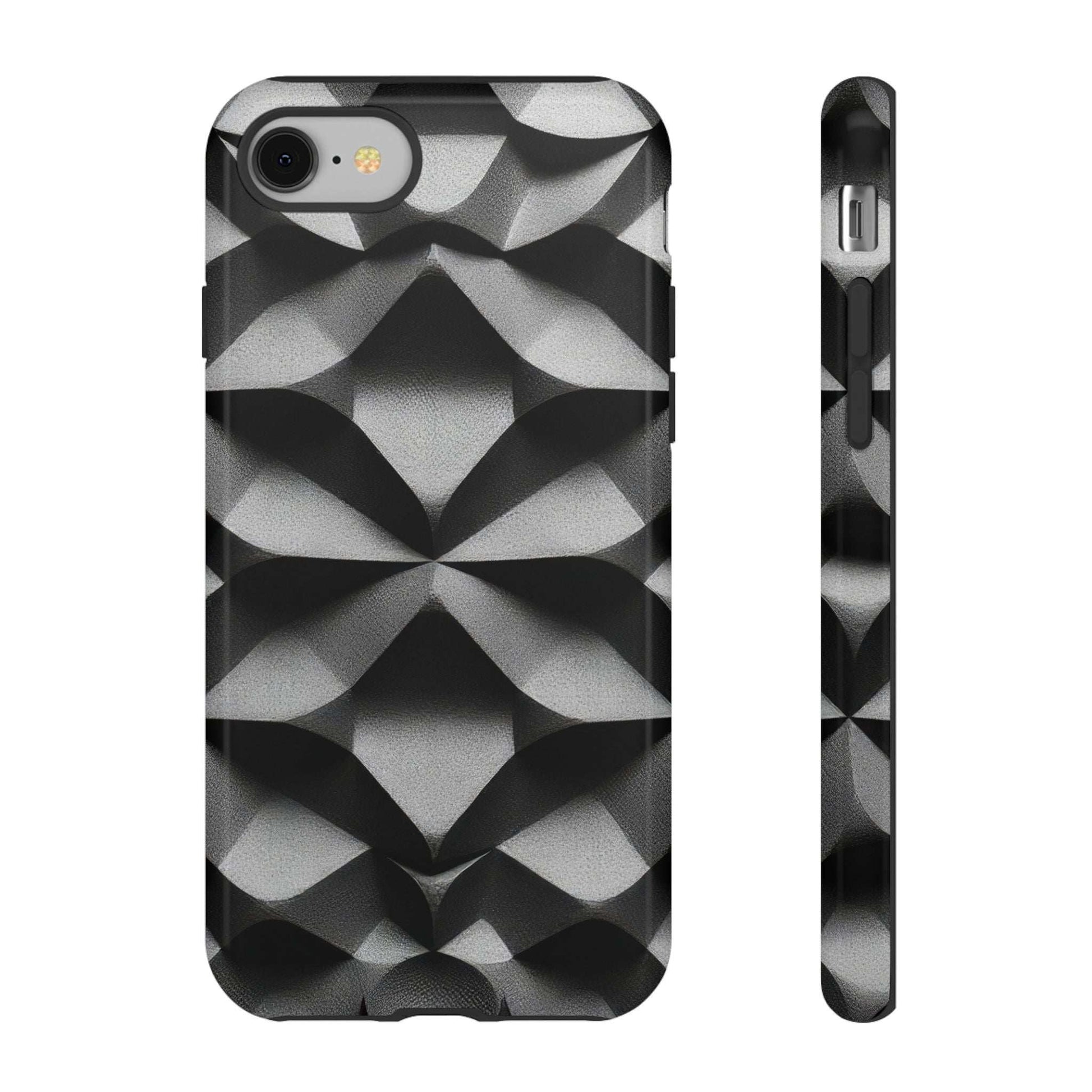 Black geometric tough phone case with silver pattern, front and slim side view.