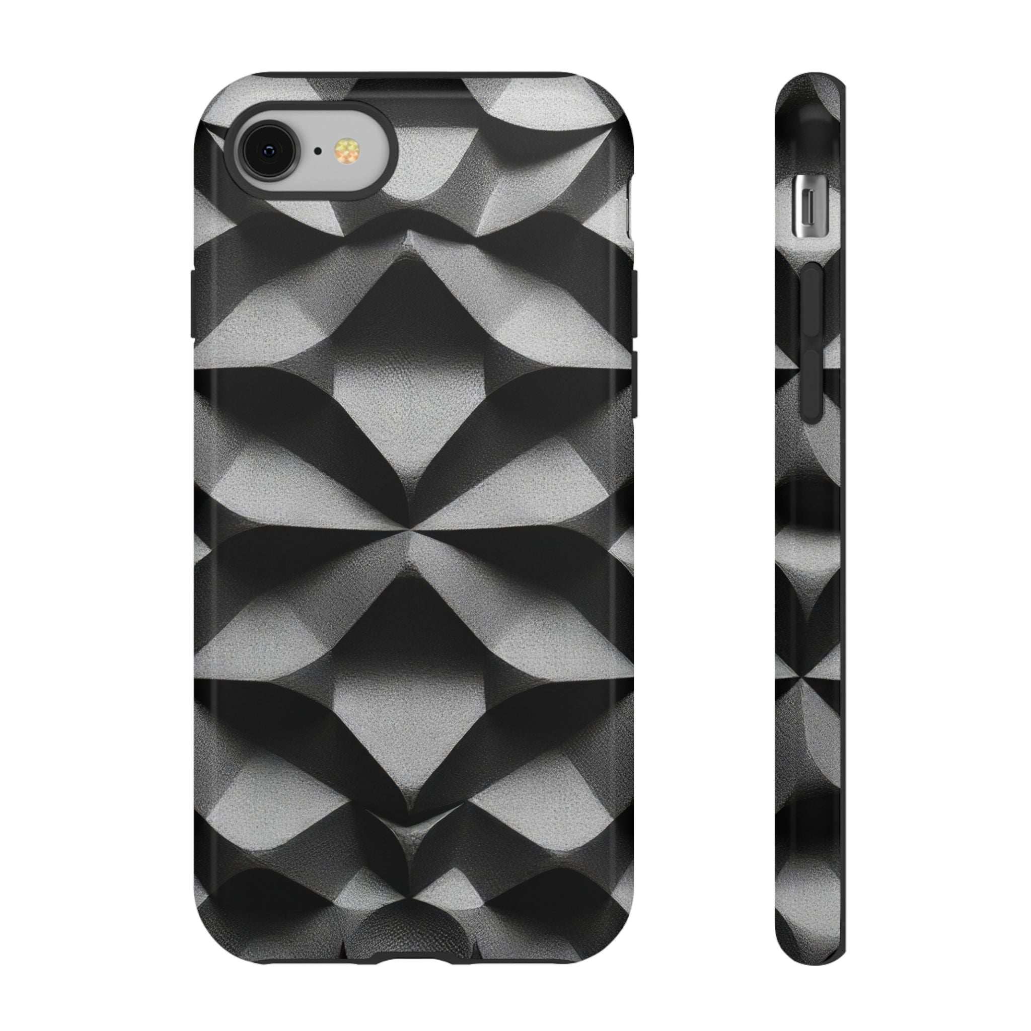 Black geometric tough phone case with silver pattern, front and slim side view.