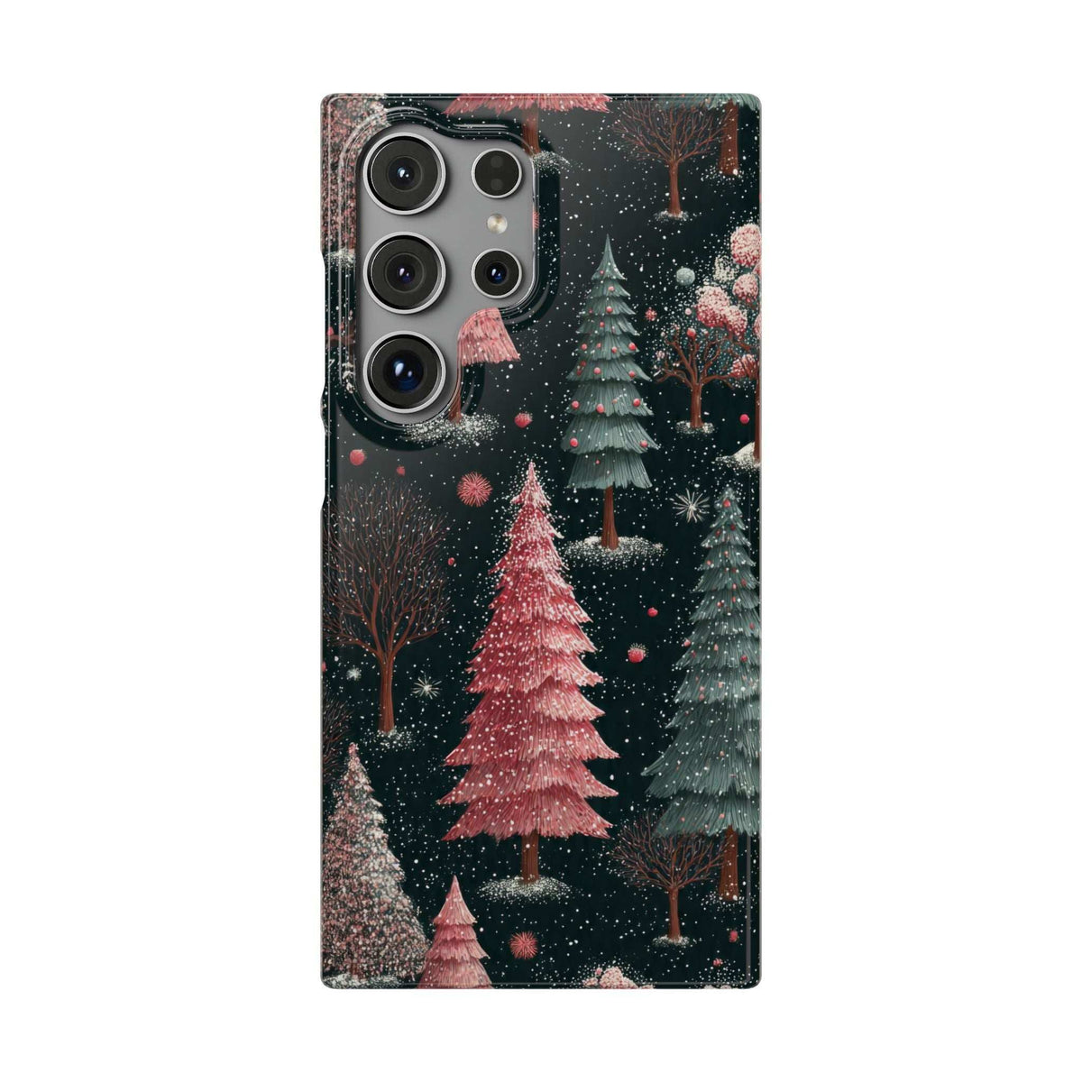 Glossy phone case with winter forest trees and snow speckles; camera cutouts visible.