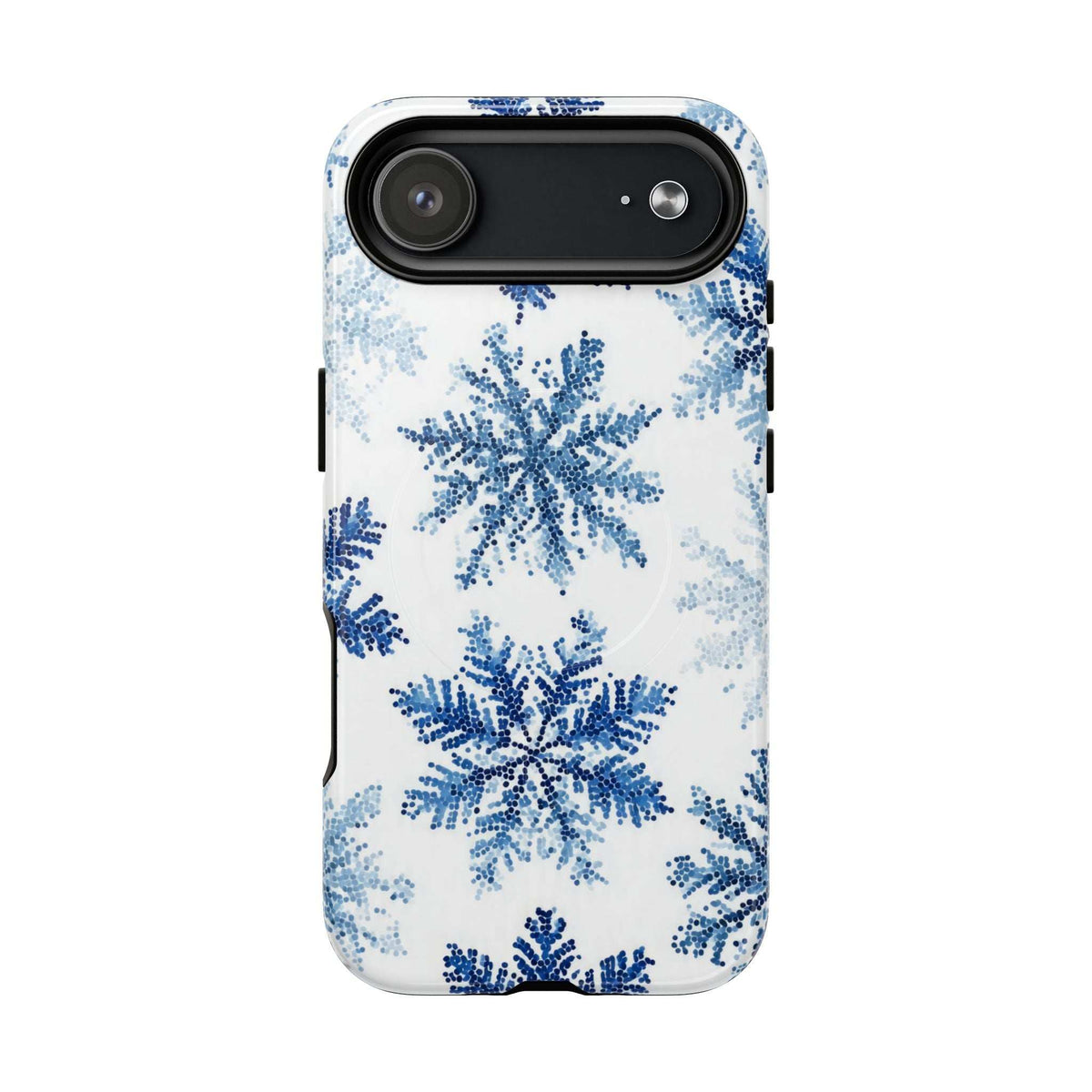 iPhone 13-17 phone case with white and blue snowflake pattern, horizontal camera cutout