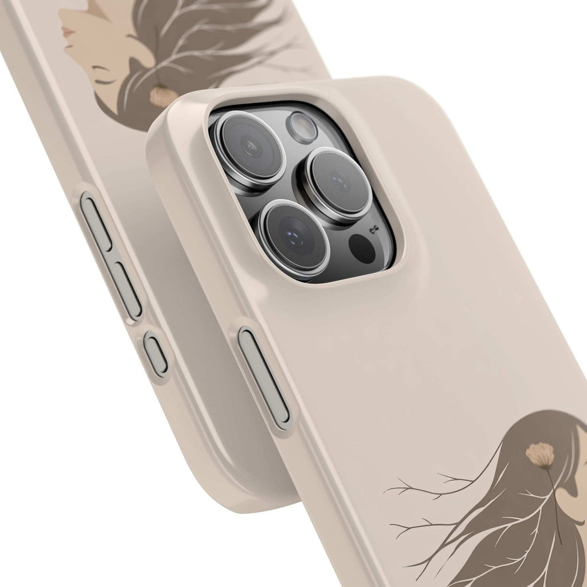 Cream phone case with floral woman line art, raised camera guard with multi-lens openings