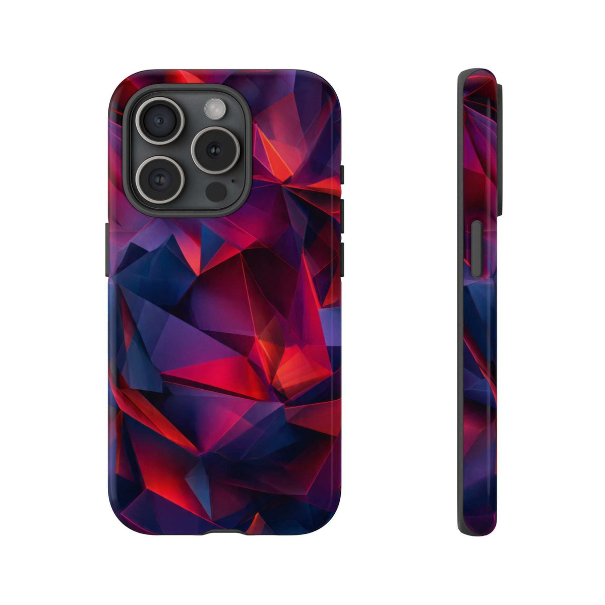 Glossy phone case with geometric prism pattern; multiple camera lenses and flash cutout