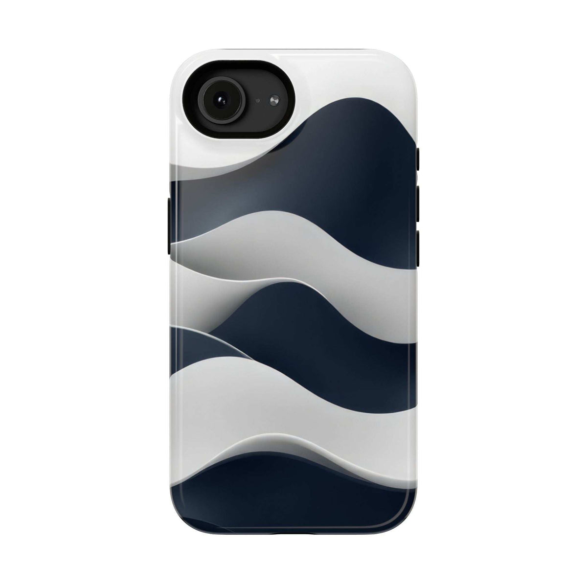 Glossy phone case with navy and white wave pattern, large camera cutout