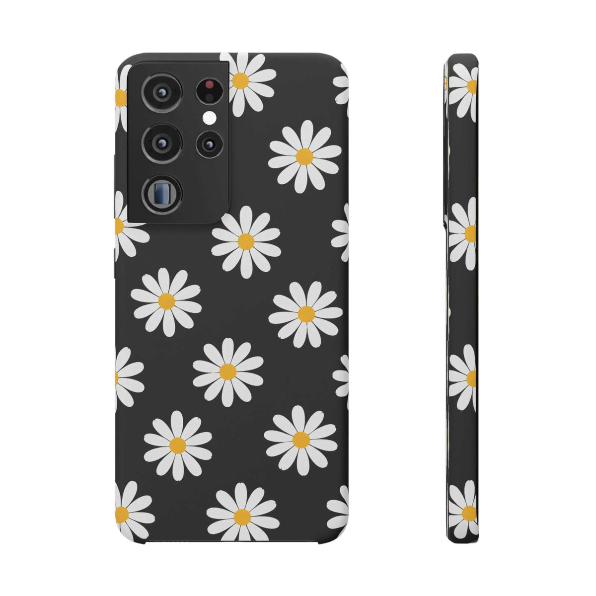 Black phone case with white daisies and yellow centers, front and side view.