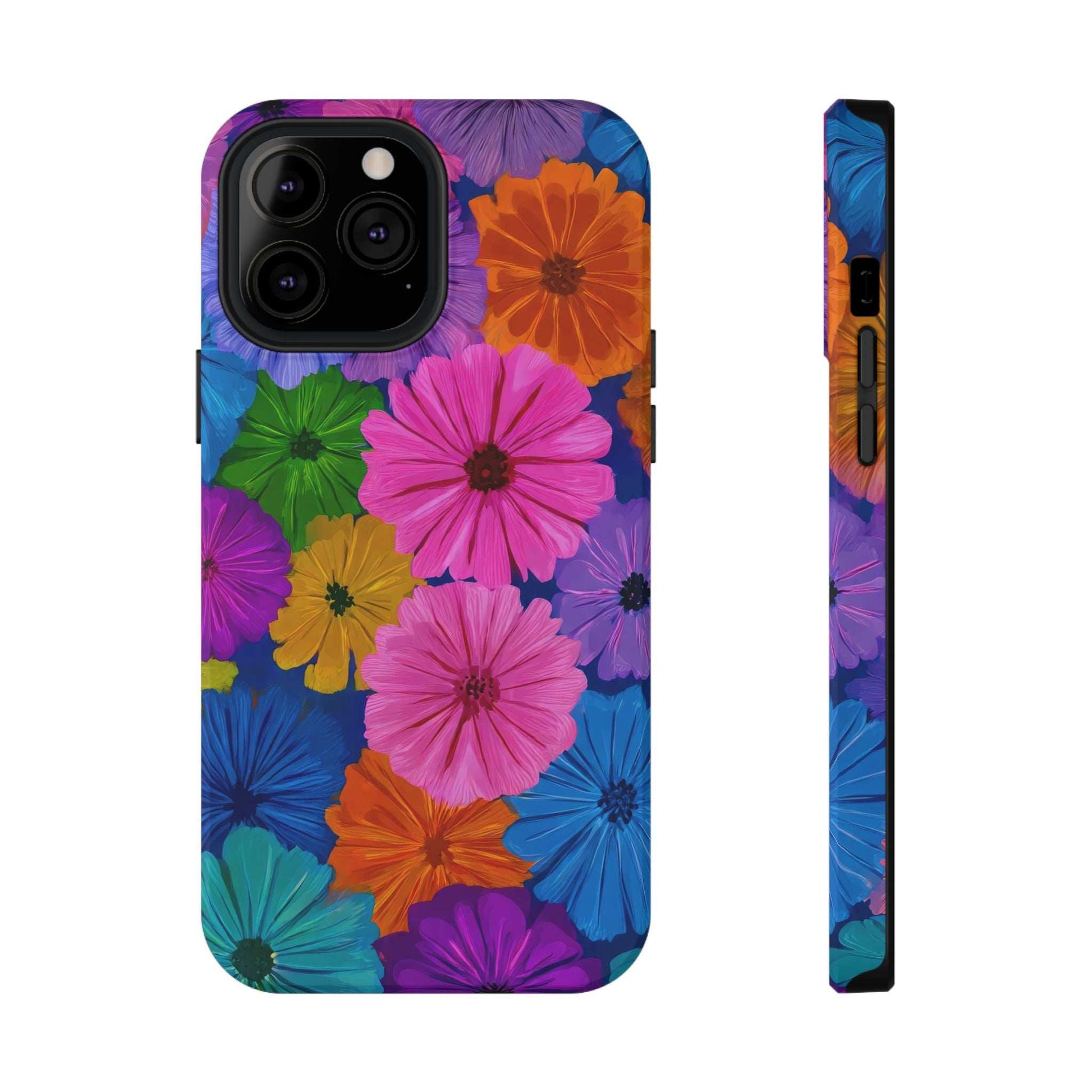Flower pattern phone case with multicolor blooms and side view with port and speaker openings