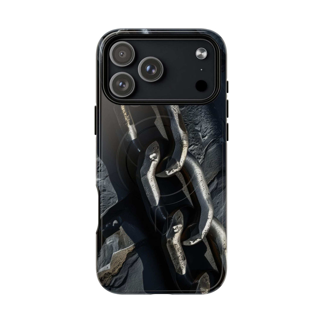Magnetic phone case with iron chain graphic, dark finish, raised camera cutouts