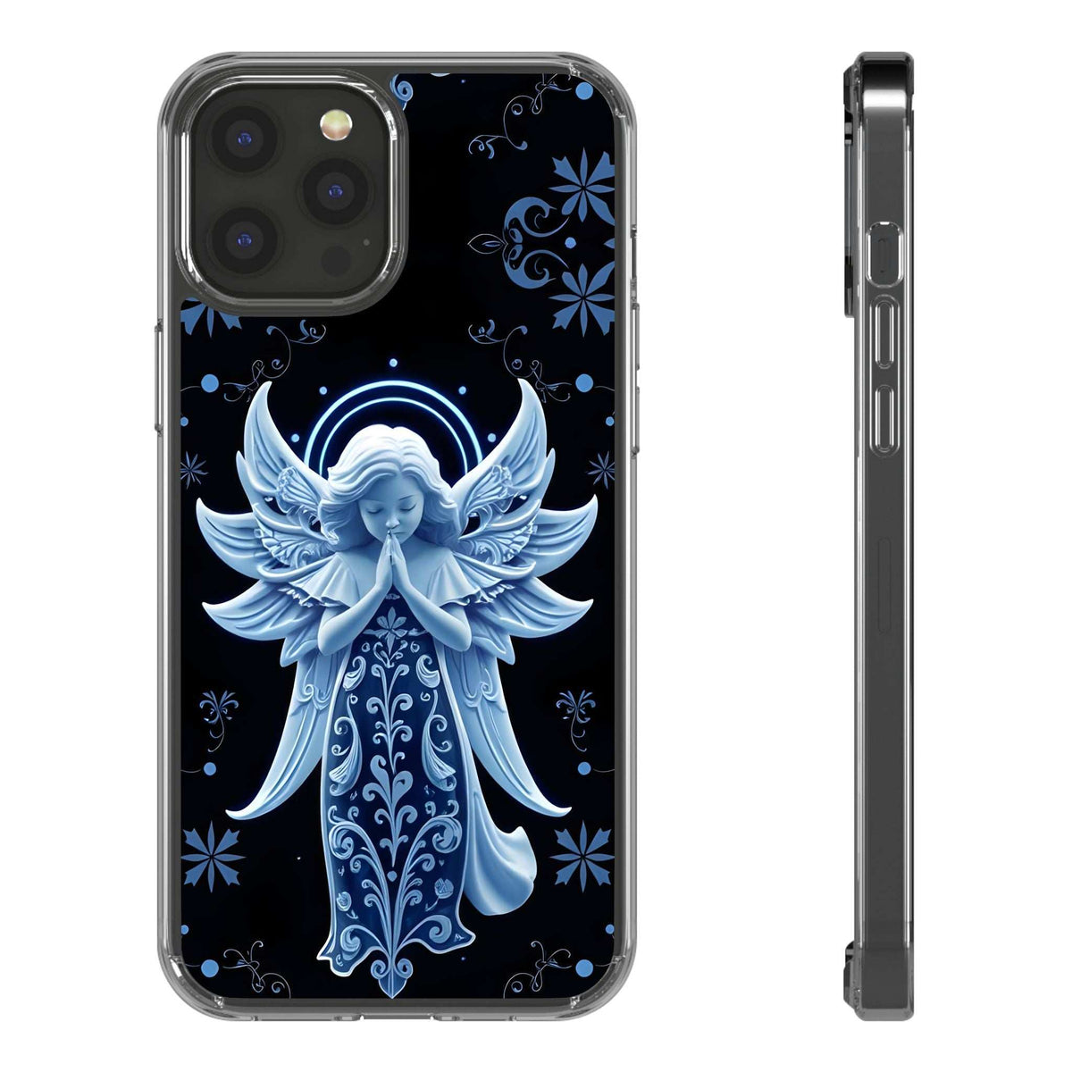 Clear phone case with blue angel praying design and dark decorative details