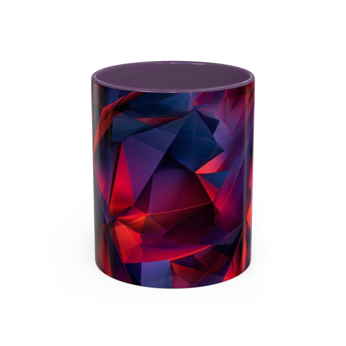 Ceramic coffee mug with geometric red and blue abstract pattern, purple rim