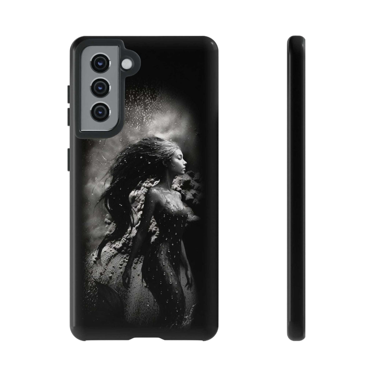 Black phone case with monochrome mermaid illustration; back camera cutouts and speaker opening