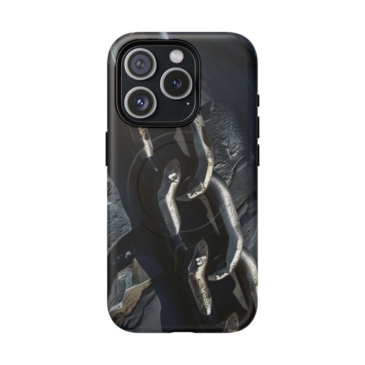 Black durable magnetic phone case featuring iron chain links and lens cutouts