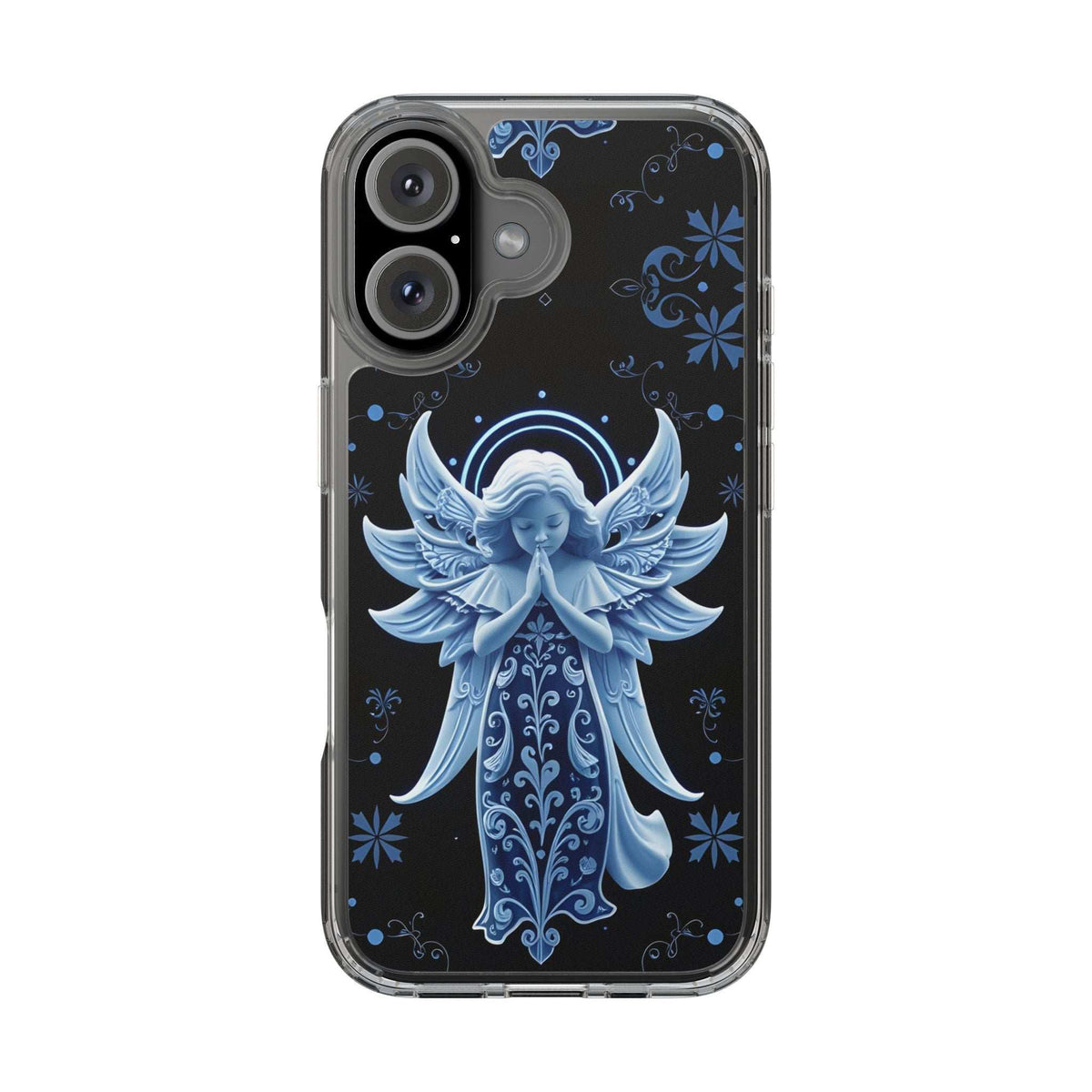 Protective phone case with blue angel prayer illustration and dark decorative accents