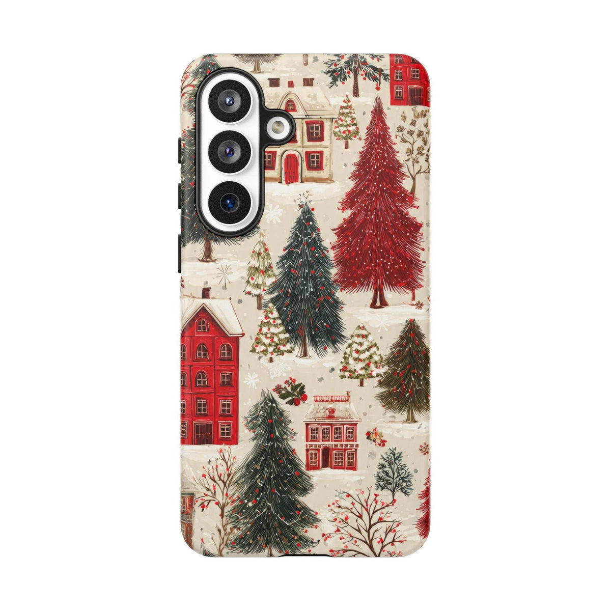Winter village phone case with red houses and evergreen trees; camera lens openings.